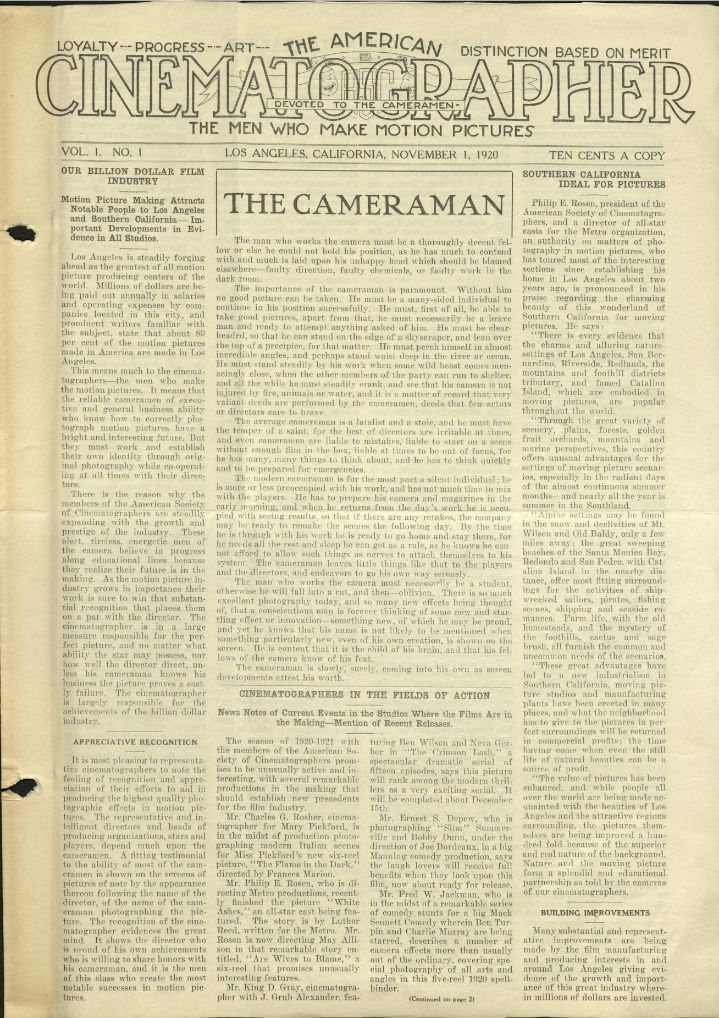 AMERICAN CINEMATOGRAPHER magazine cover Issue 1 1 November 1920
