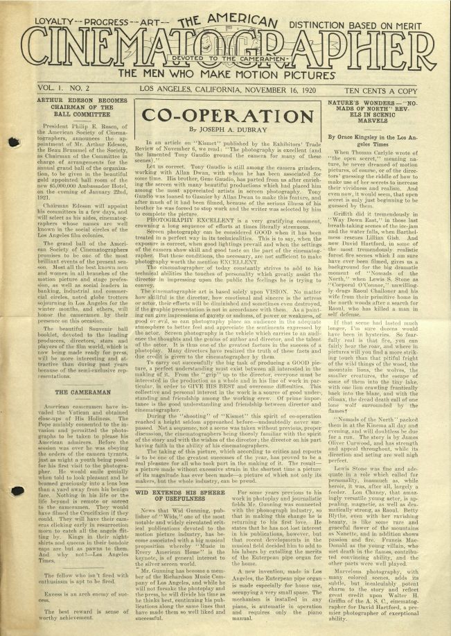 AMERICAN CINEMATOGRAPHER magazine cover Issue 2 16 November 1920