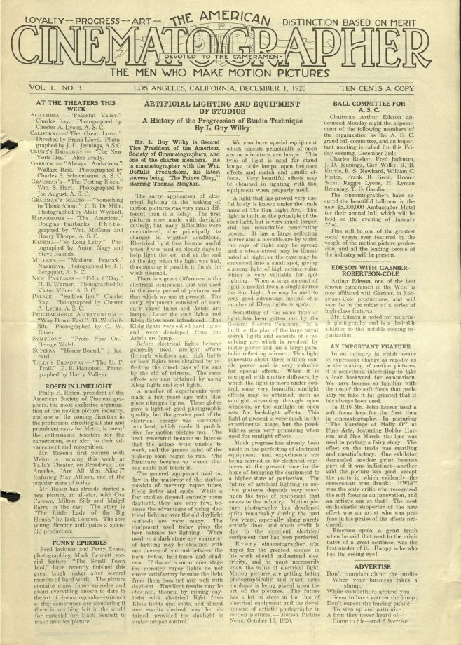 AMERICAN CINEMATOGRAPHER magazine cover Issue 3 1 December 1920