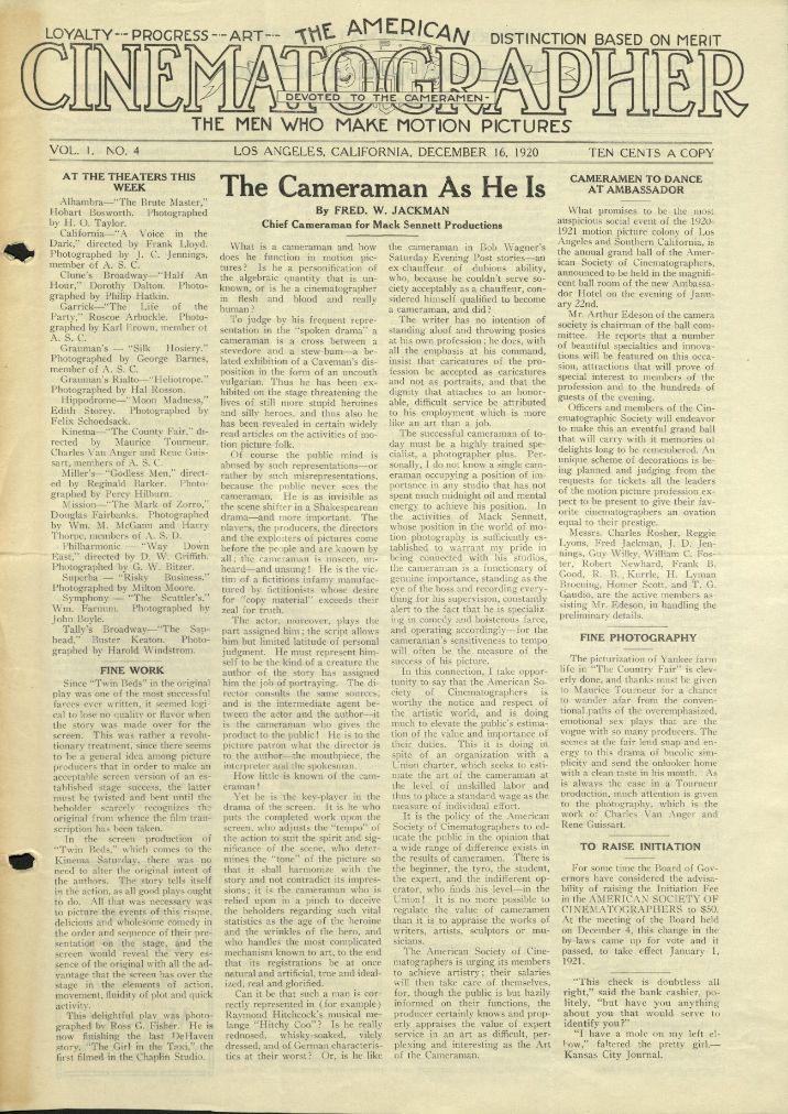 AMERICAN CINEMATOGRAPHER magazine cover Issue 4 16 December 1920