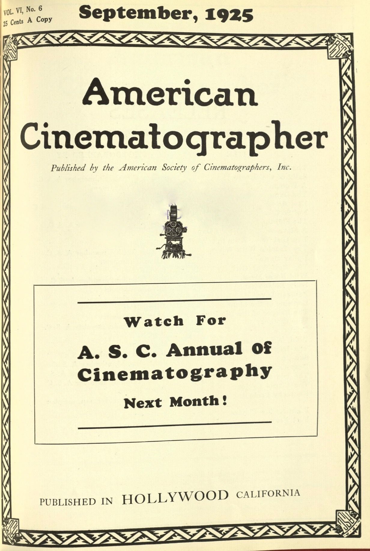 AMERICAN CINEMATOGRAPHER magazine cover Issue 75  Vol 6 No 6 September 1925