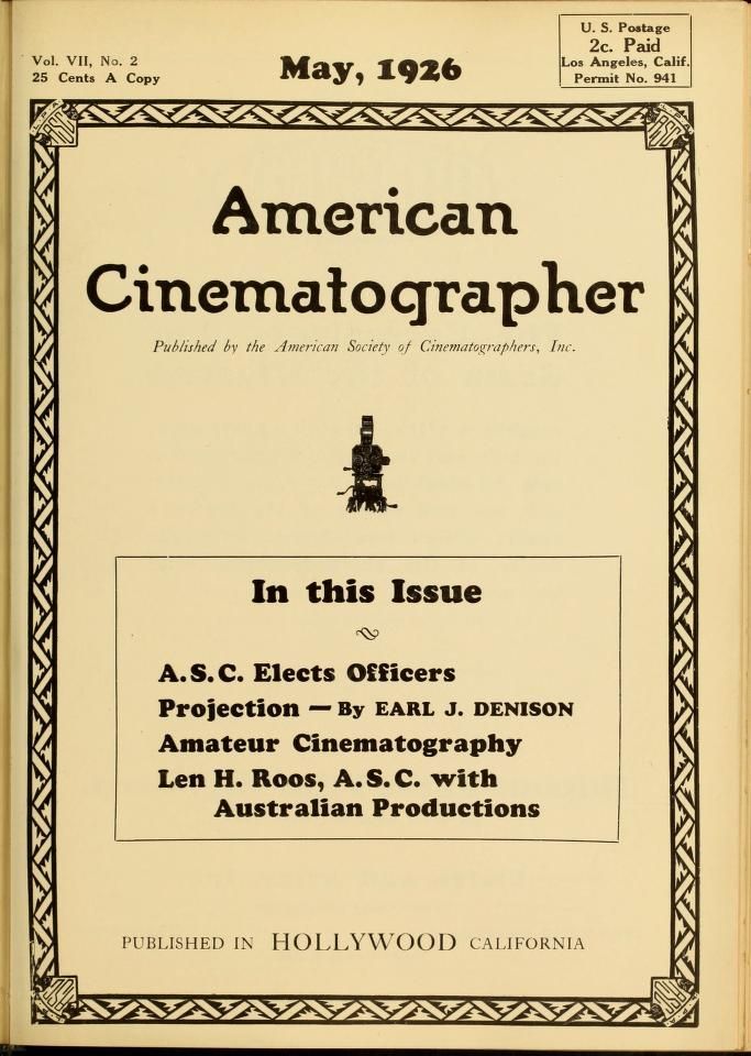 AMERICAN CINEMATOGRAPHER magazine side cover Issue 83 May 1926