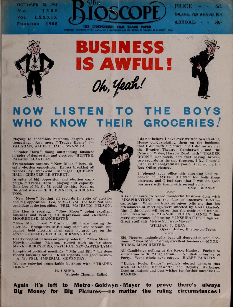 BIOSCOPE magazine cover Issue 1308 28 October 1931