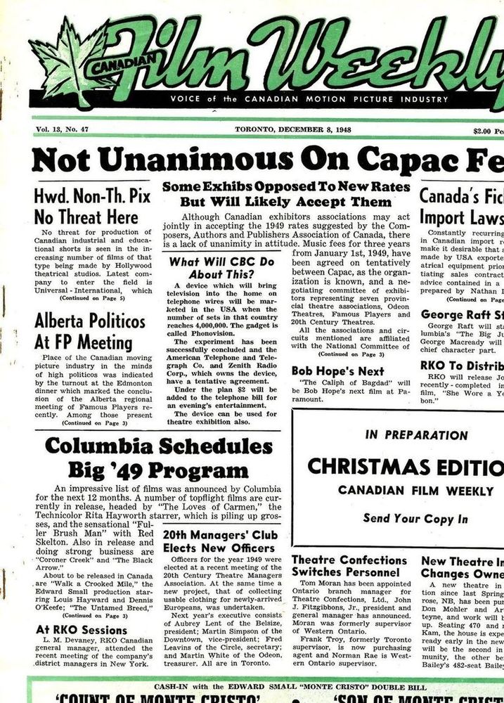 CANADIAN FILM WEEKLY magazine cover 8 December 1948