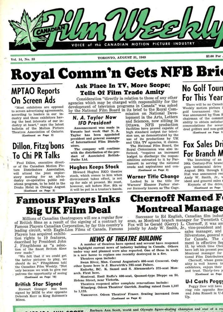 CANADIAN FILM WEEKLY magazine cover 31 August 1949