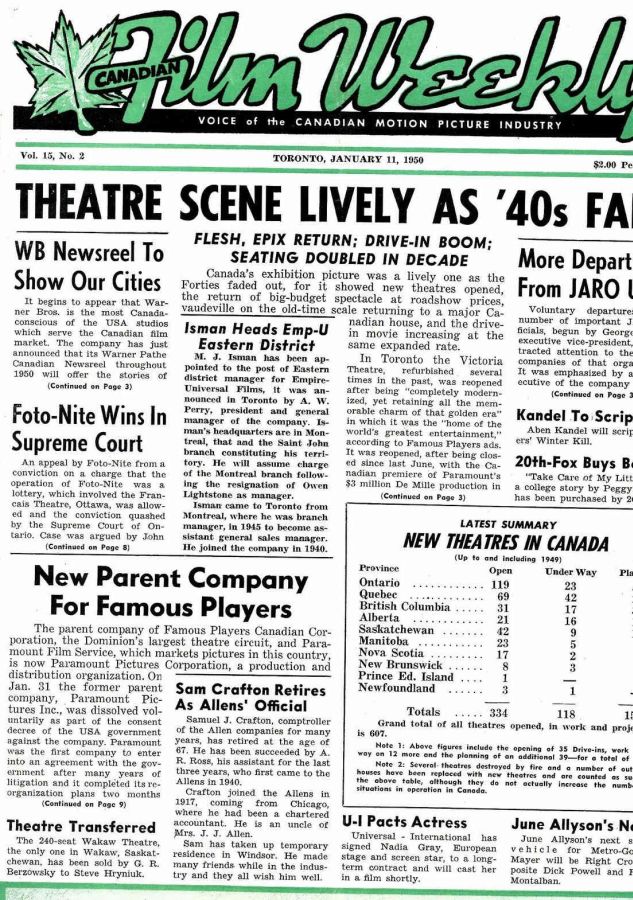 CANADIAN FILM WEEKLY magazine cover 11 January 1950