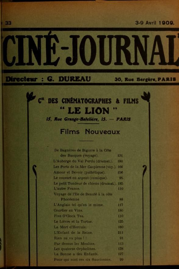 CINE-JOURNAL, LE JOURNAL DU FILM magazine cover Issue 33 3 April 1909