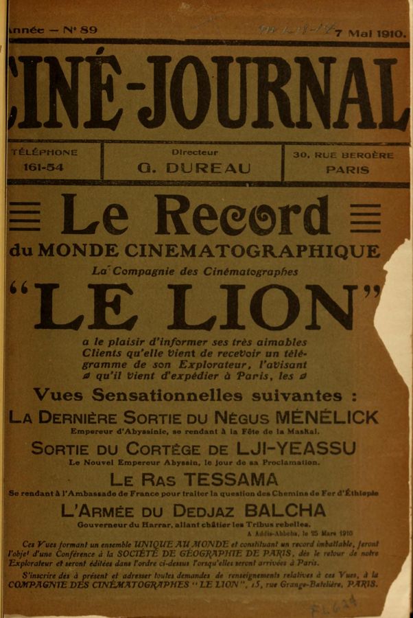 CINE-JOURNAL, LE JOURNAL DU FILM magazine cover Issue 89 7 May 1910