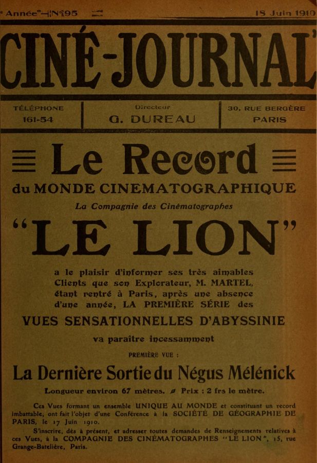 CINE-JOURNAL, LE JOURNAL DU FILM magazine cover Issue 95 18 June 1910