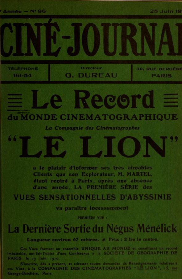 CINE-JOURNAL, LE JOURNAL DU FILM magazine cover Issue 96 25 June 1910