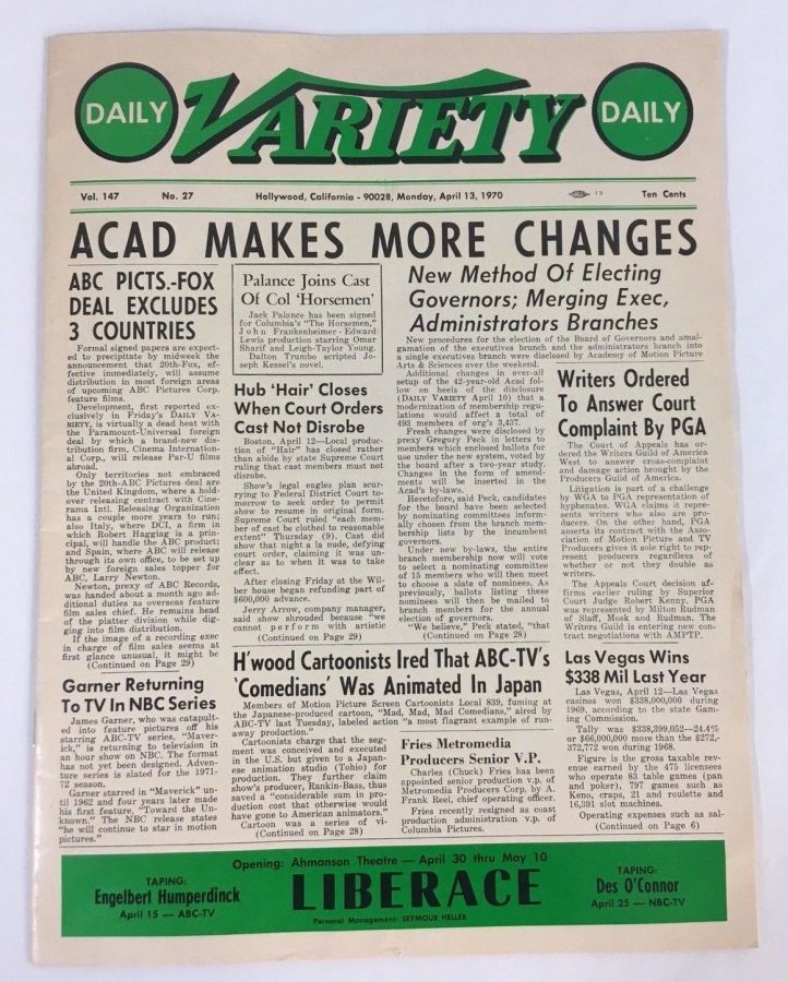 DAILY VARIETY magazine cover 13 April 1970