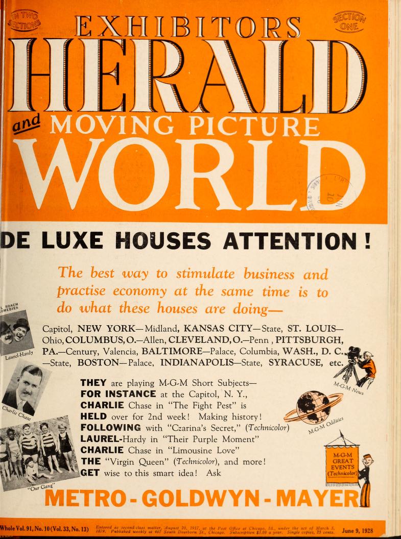 EXHIBITORS HERALD AND MOVING PICTURE WORLD magazine side cover 9 June 1928