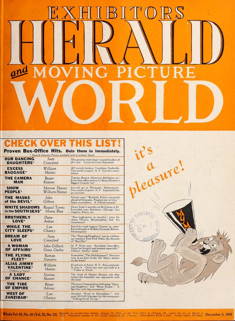 EXHIBITORS HERALD AND MOVING PICTURE WORLD magazine cover 8 December 1928