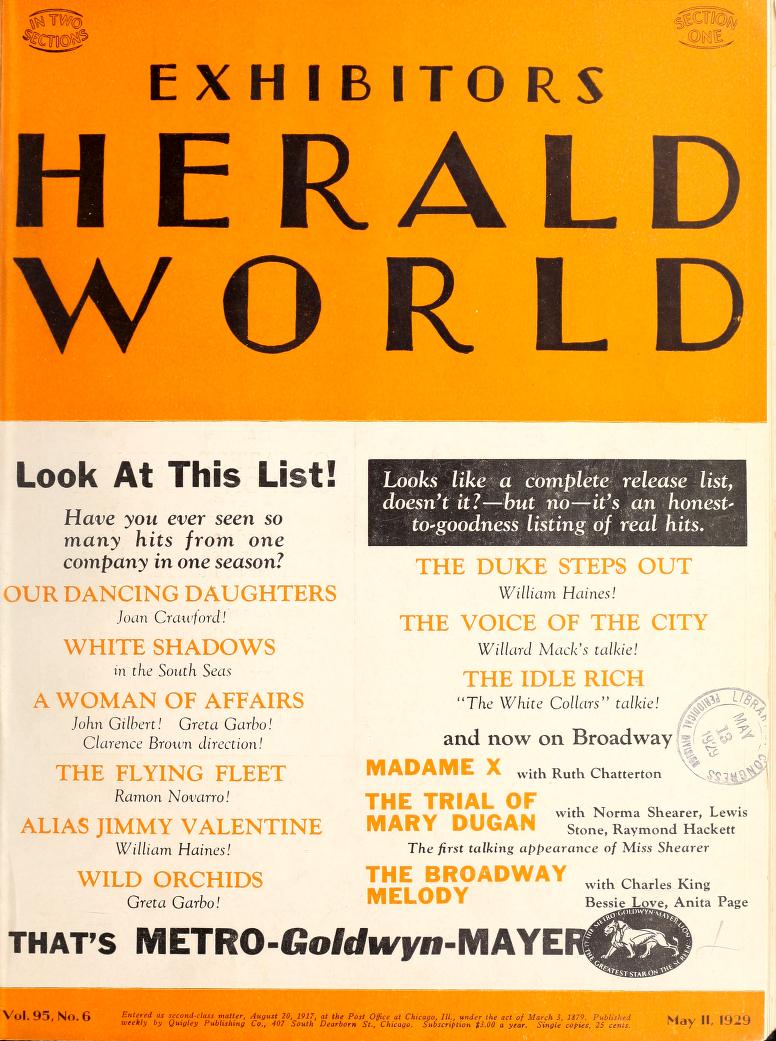 EXHIBITORS HERALD AND MOVING PICTURE WORLD magazine cover 11 May 1929