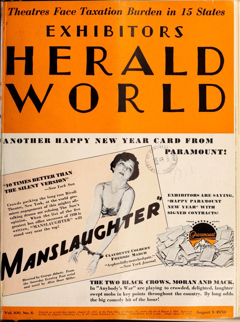 EXHIBITORS HERALD AND MOVING PICTURE WORLD magazine cover 9 August 1930