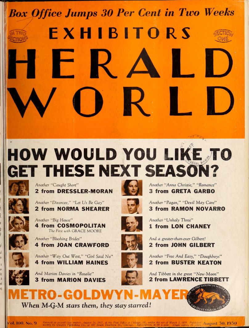 EXHIBITORS HERALD AND MOVING PICTURE WORLD magazine cover 30 August 1930