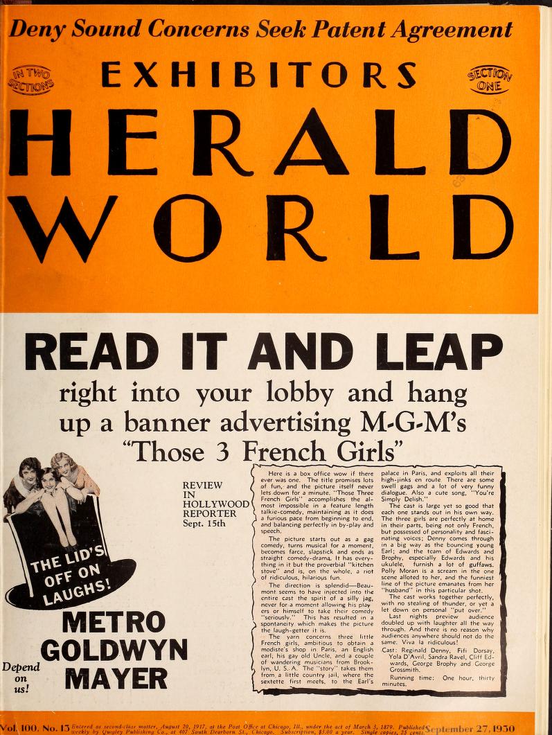 EXHIBITORS HERALD AND MOVING PICTURE WORLD magazine cover 27 September 1930