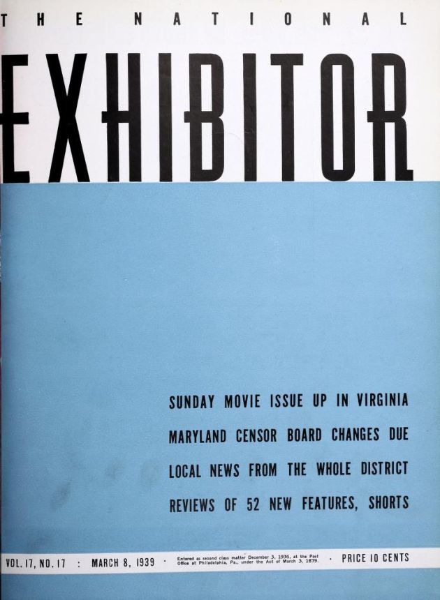 EXHIBITOR magazine side cover 8 March 1939
