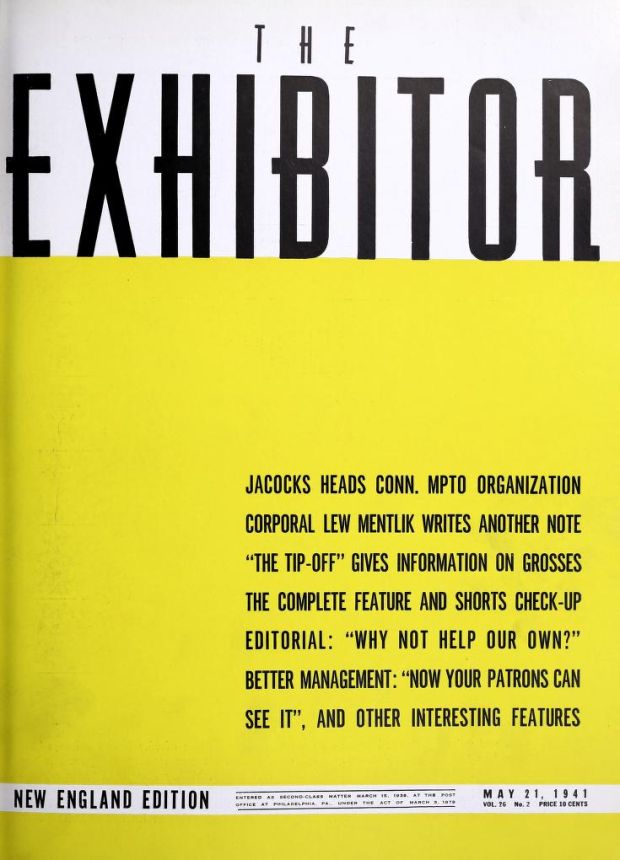 EXHIBITOR magazine side cover 21 May 1941