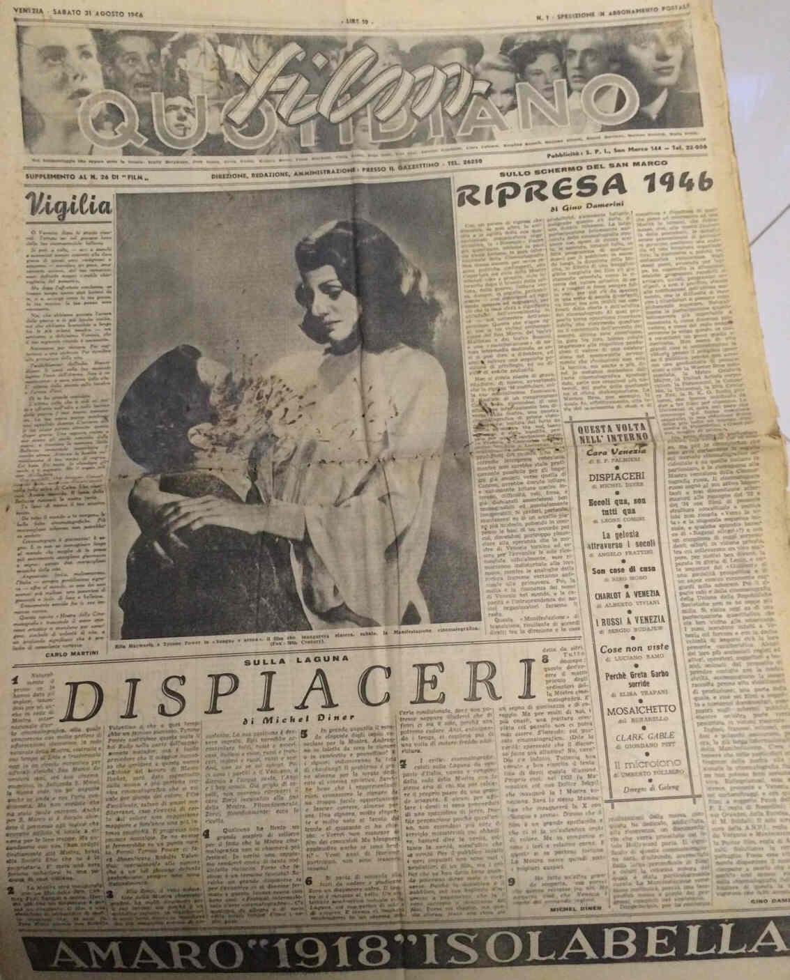 FILM QUOTIDIANO magazine side cover Issue 1 31 August 1946
