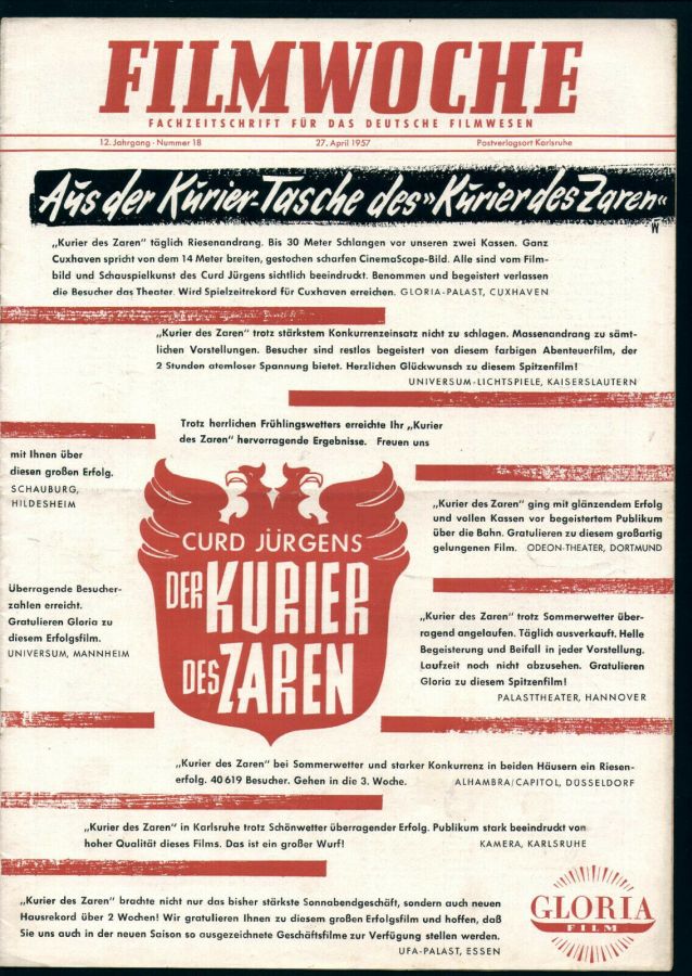 FILMWOCHE magazine side cover Issue 18 27 April 1957