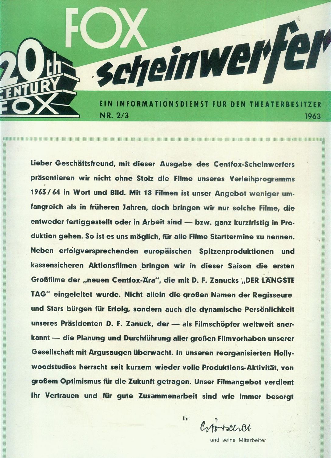 20TH CENTURY FOX SCHEINWERFER magazine cover Issue 2-3   1963