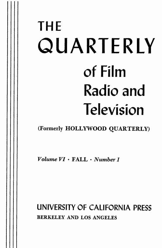 QUARTERLY OF FILM RADIO AND TELEVISION magazine cover  Vol 6 # 1 Fall/September/October/November 1951