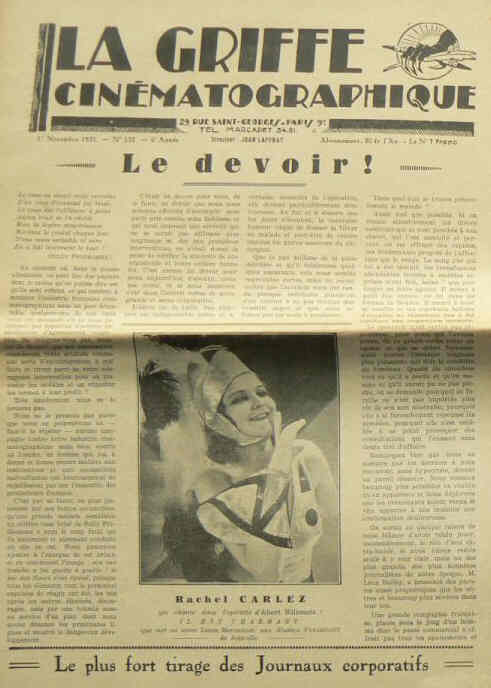 GRIFFE CINEMATOGRAPHIQUE|LA magazine side cover Issue 132 1 November 1931