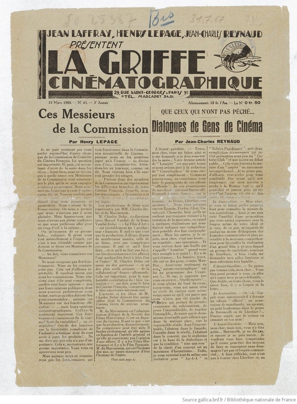 GRIFFE CINEMATOGRAPHIQUE|LA magazine side cover 6 January 1927