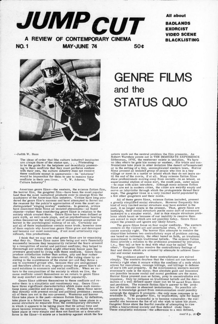 JUMP CUT magazine side cover Issue 1  May/June 1974