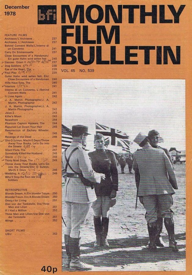 MONTHLY FILM BULLETIN magazine cover Issue 539 December 1978