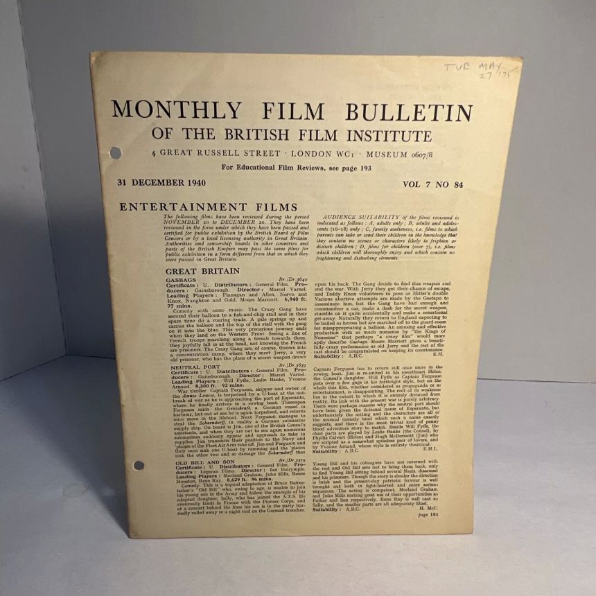 MONTHLY FILM BULLETIN magazine cover Issue 84 December 1940