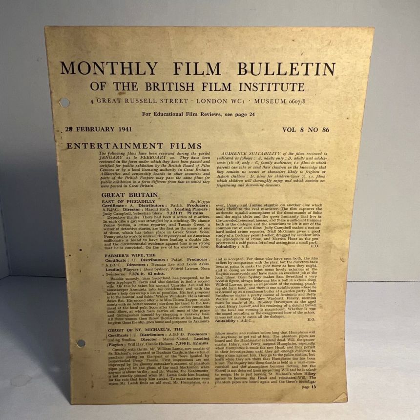 MONTHLY FILM BULLETIN magazine cover Issue 86 February 1941