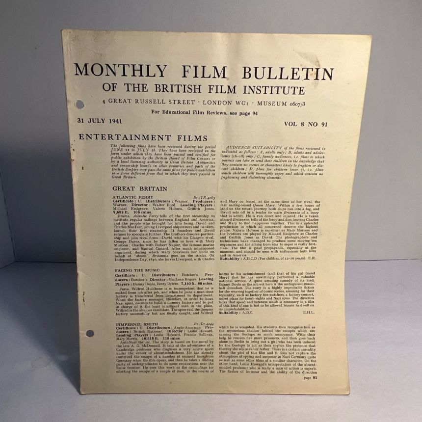 MONTHLY FILM BULLETIN magazine cover Issue 91 July 1941