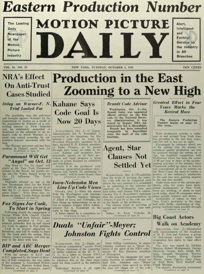 MOTION PICTURE DAILY magazine cover 3 October 1933
