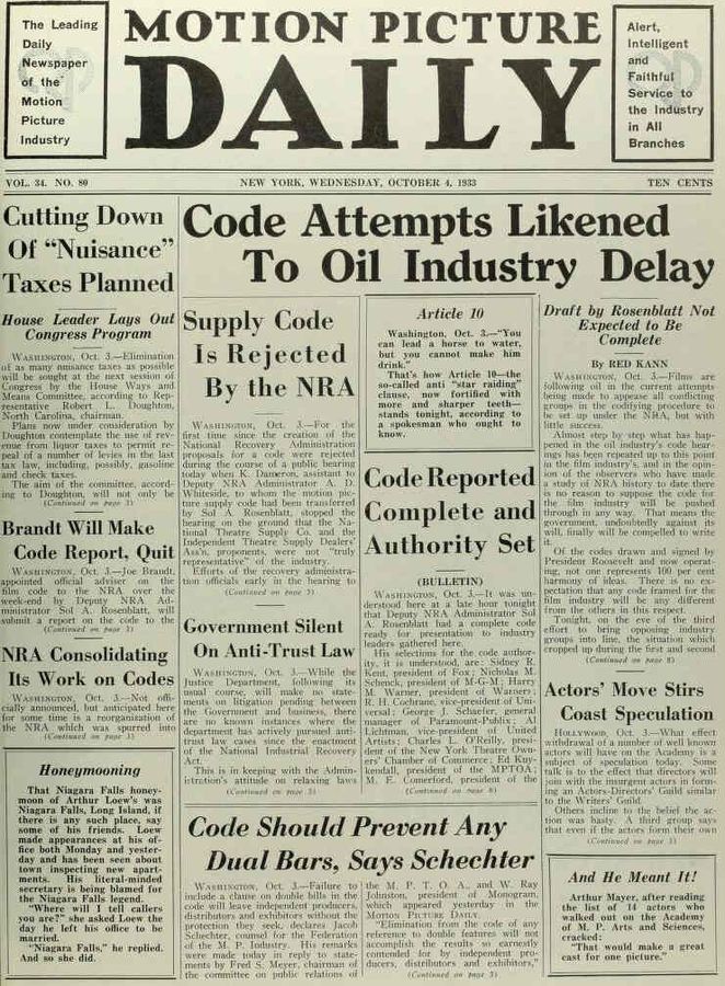 MOTION PICTURE DAILY magazine cover 4 October 1933