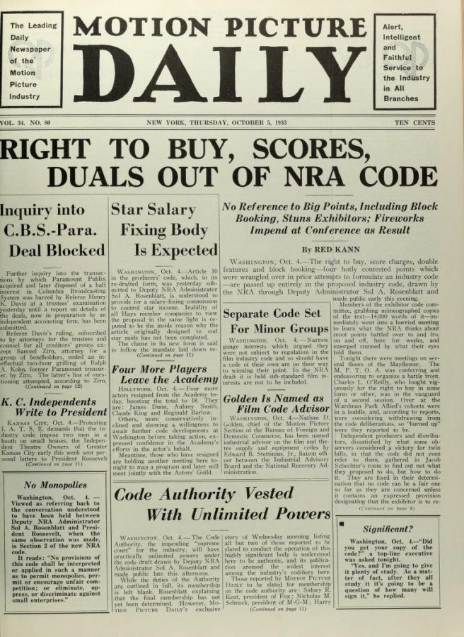 MOTION PICTURE DAILY magazine cover 5 October 1933