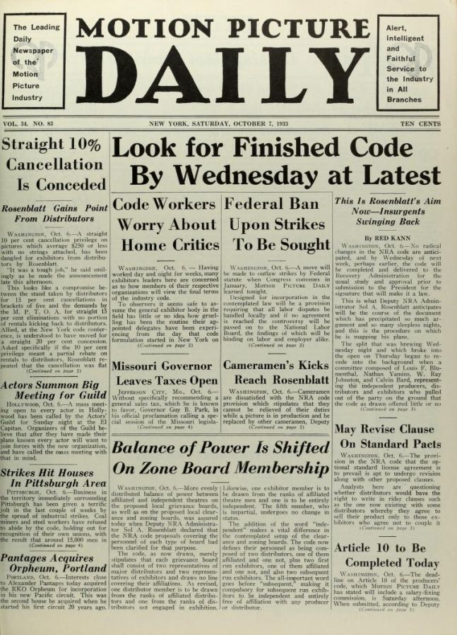MOTION PICTURE DAILY magazine cover 7 October 1933