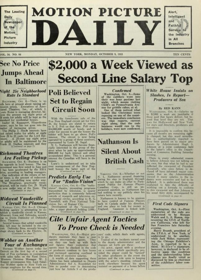 MOTION PICTURE DAILY magazine cover 9 October 1933