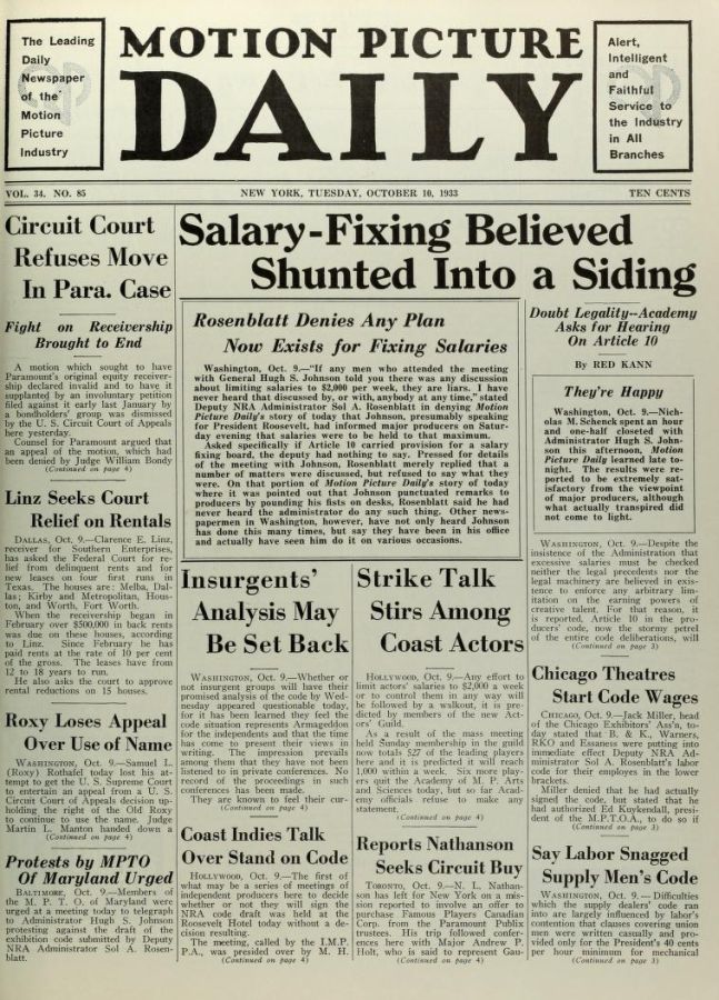 MOTION PICTURE DAILY magazine cover 10 October 1933