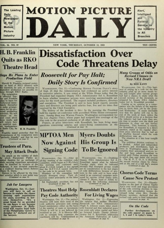 MOTION PICTURE DAILY magazine cover 12 October 1933