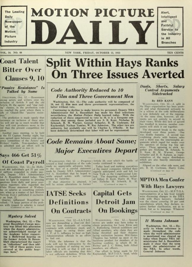 MOTION PICTURE DAILY magazine cover 13 October 1933