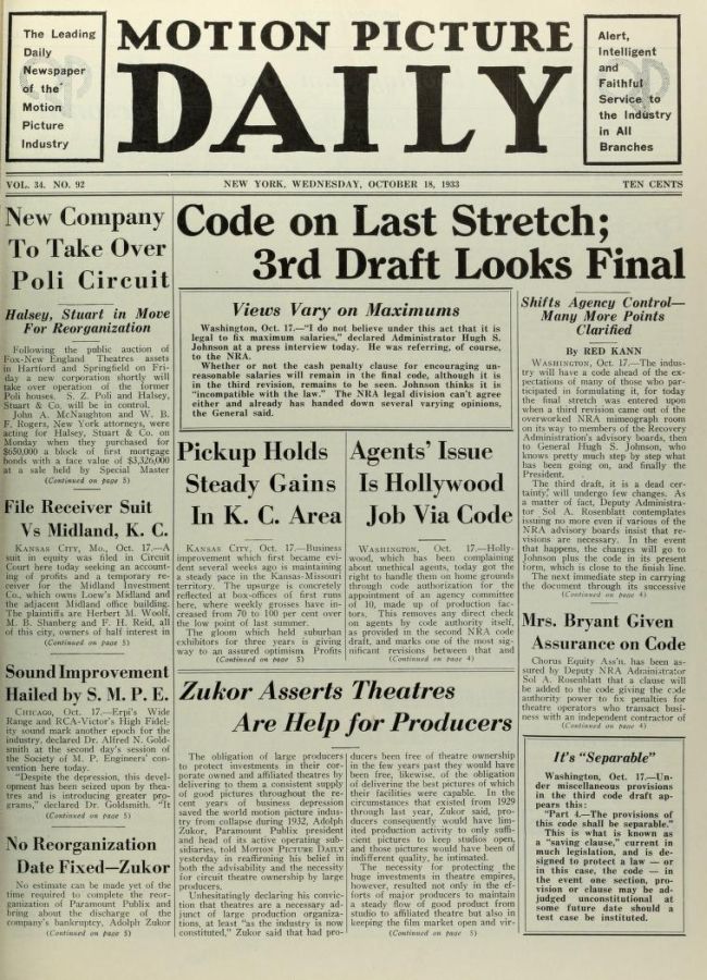 MOTION PICTURE DAILY magazine cover 18 October 1933