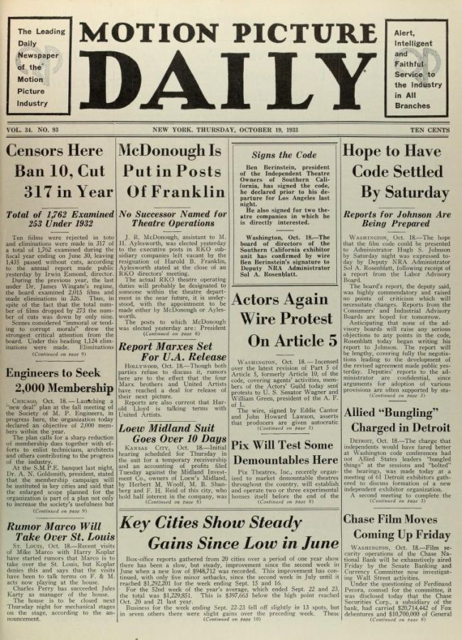 MOTION PICTURE DAILY magazine cover 19 October 1933
