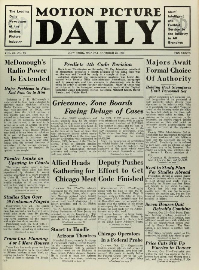 MOTION PICTURE DAILY magazine cover 23 October 1933