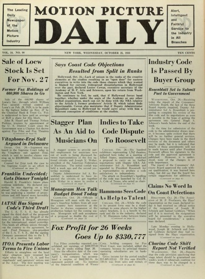 MOTION PICTURE DAILY magazine cover 25 October 1933