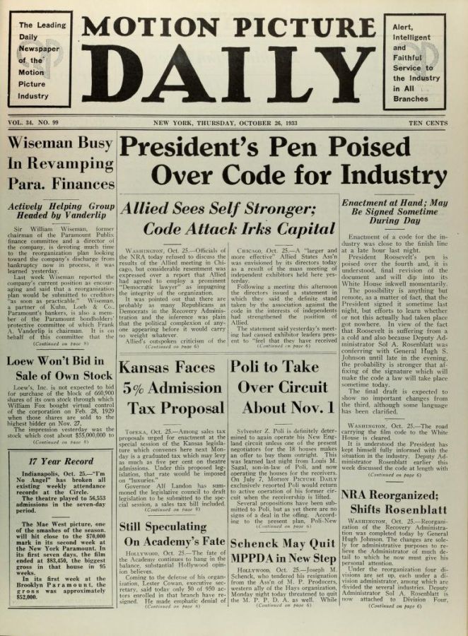 MOTION PICTURE DAILY magazine cover 26 October 1933