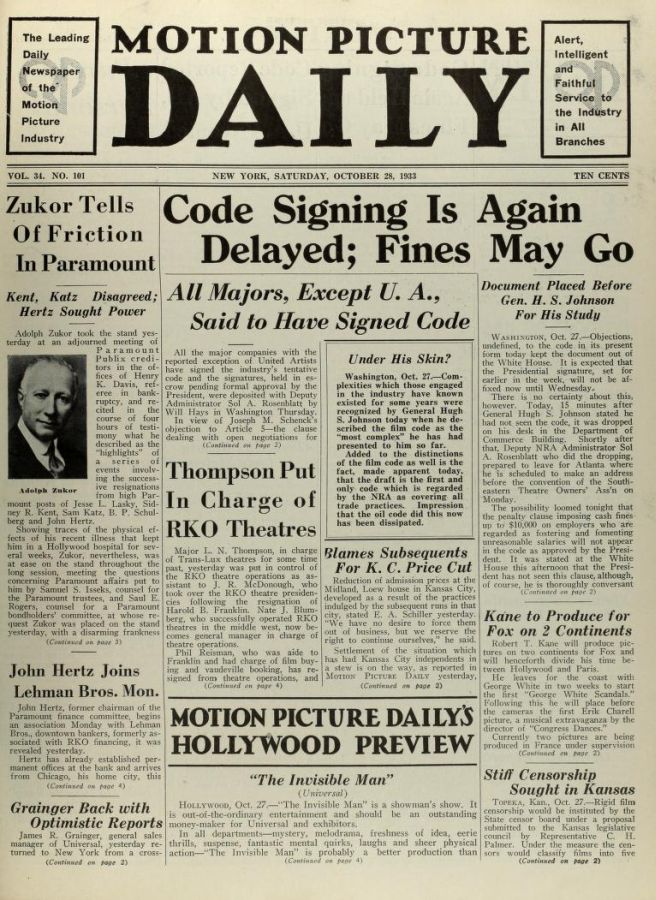 MOTION PICTURE DAILY magazine cover 28 October 1933