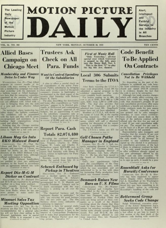 MOTION PICTURE DAILY magazine cover 30 October 1933