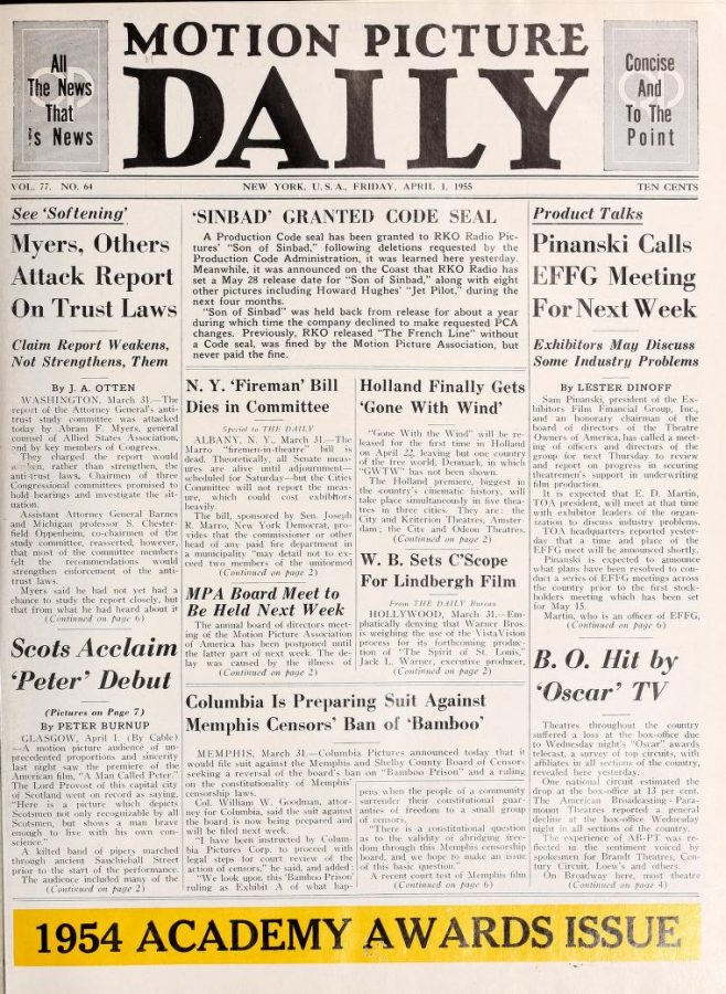 MOTION PICTURE DAILY magazine cover 1 April 1955